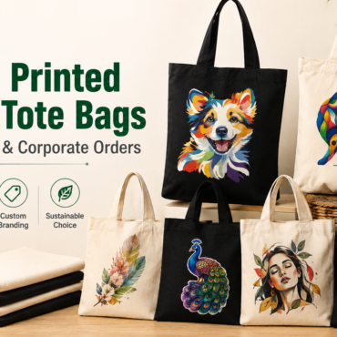 Custom printed canvas tote bags in black and natural colors for bulk and corporate orders