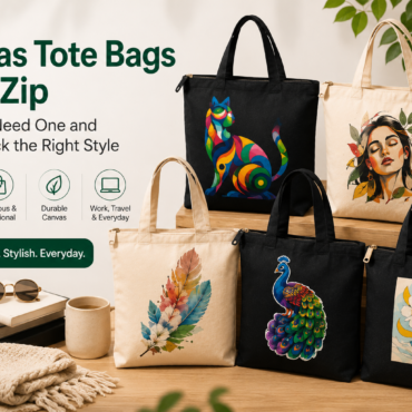 Canvas tote bags with zip closure in different colors and printed designs