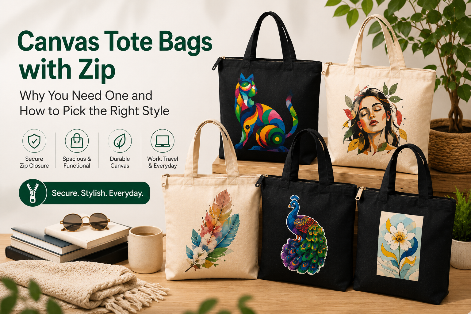 Canvas tote bags with zip closure in different colors and printed designs