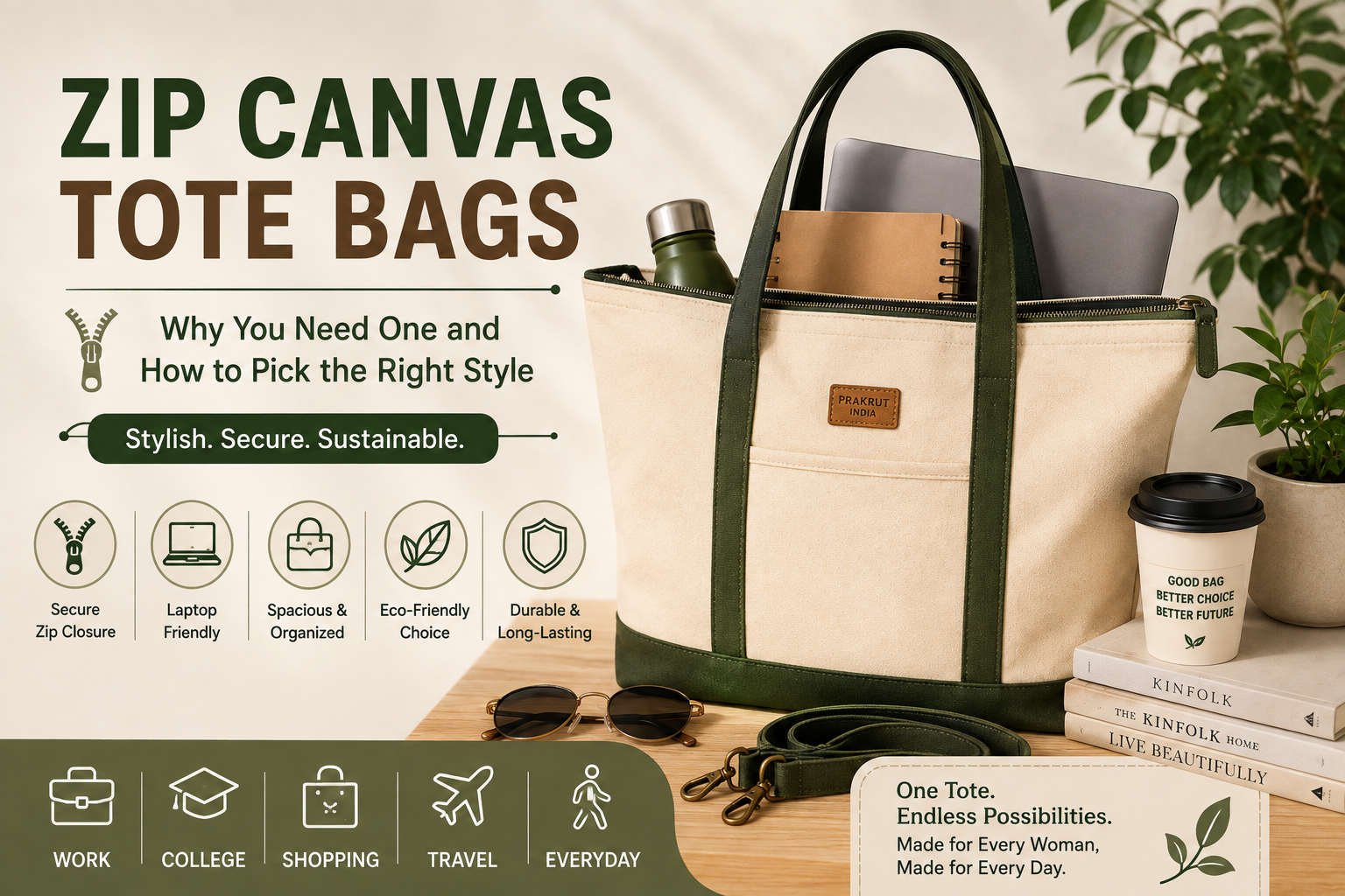 Premium zip canvas tote bag with secure zipper, laptop compartment, and spacious storage designed for work, travel, shopping, and everyday use.