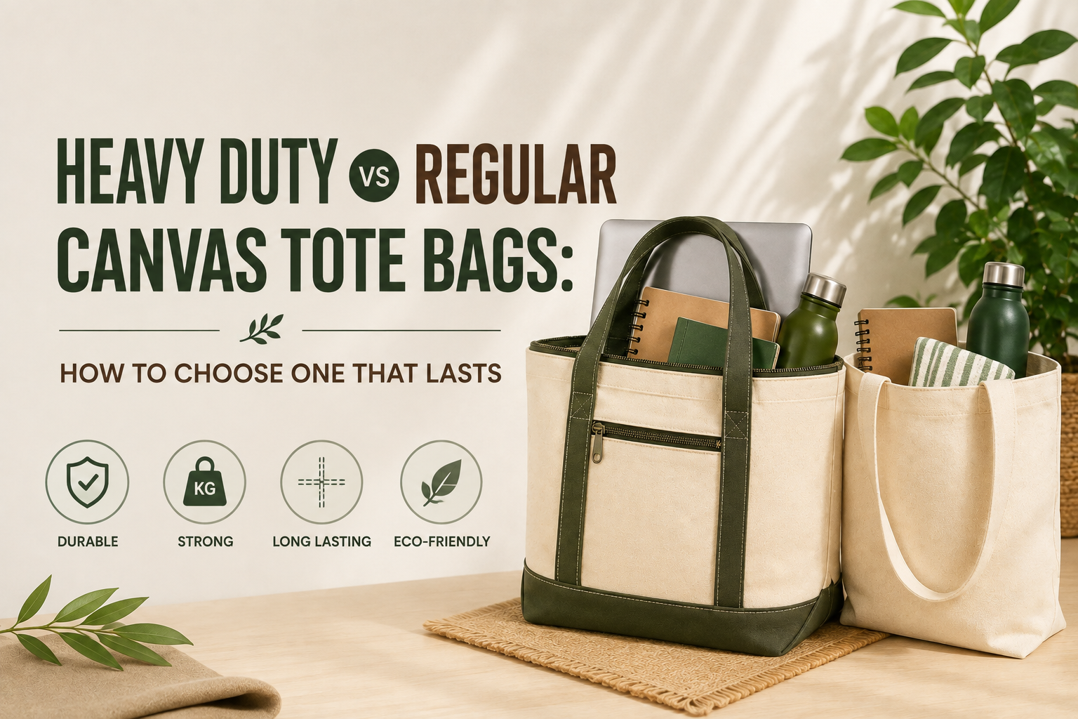 Heavy-duty and regular canvas tote bags displayed side by side, highlighting durable construction, premium canvas fabric, and everyday functionality.
