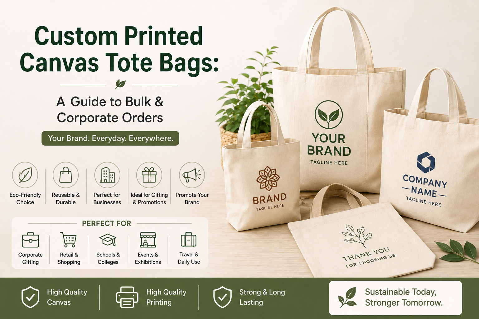 Custom printed canvas tote bags with branded logo designs for bulk corporate gifting, retail packaging, promotional events, and business branding.