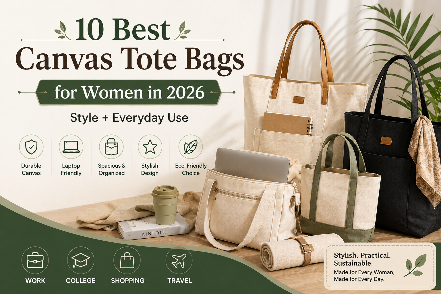 Stylish premium canvas tote bags for women featuring spacious compartments, laptop-friendly design, and durable construction for everyday work, travel, shopping, and casual use in 2026.